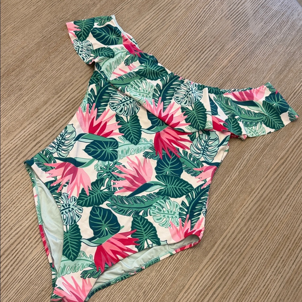 Matilda Jane Pink & Green Tropical Ruffle One-Piece Swimsuit Size Large